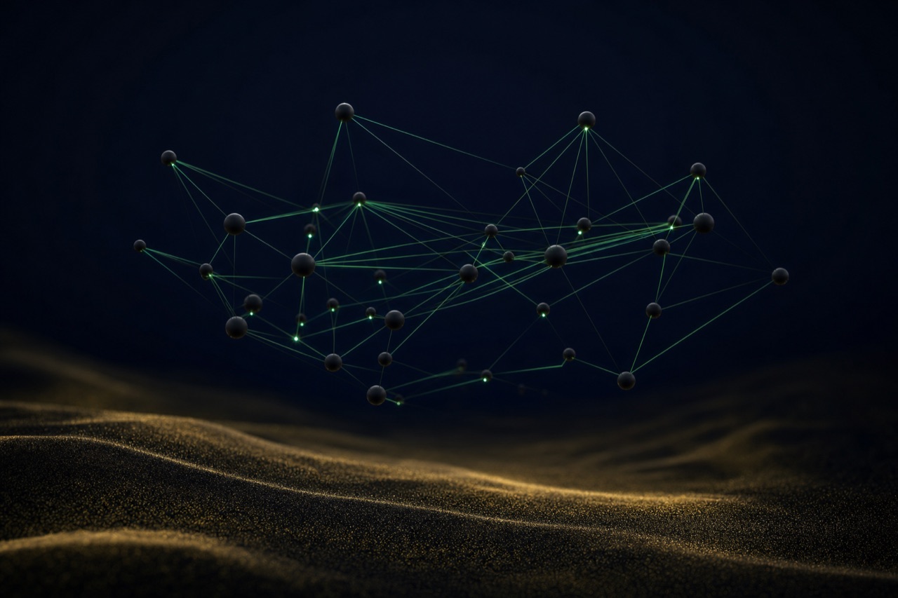Abstract network of dark nodes joined by thin green light filaments above a sand-coloured plane