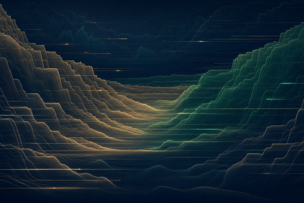 Layered contour lines in sand gold and green suggesting financial order-book depth over deep navy