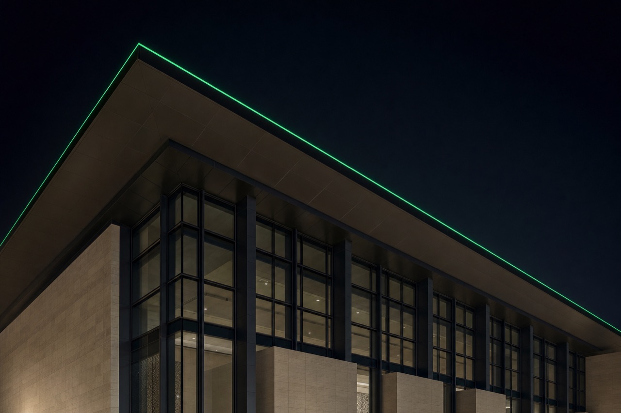 Geometric facade of a modern Gulf convention centre at night with a single thin green light line